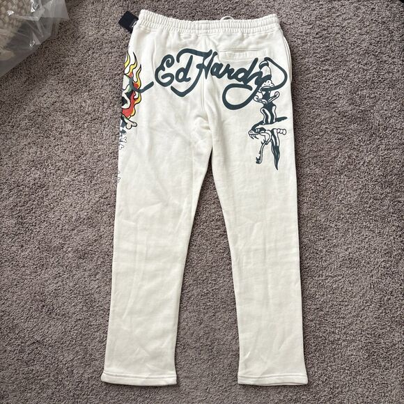 Ed Hardy Men's Size Large Ivory White Fleece Sweats Flaming Skull Hat NWT - Picture 5 of 8